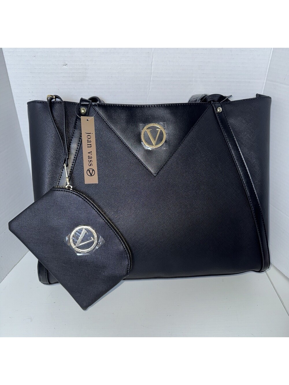 NEW Joan Vass "Marcella" Tote, Black Faux Leather Handbag/Purse - $109